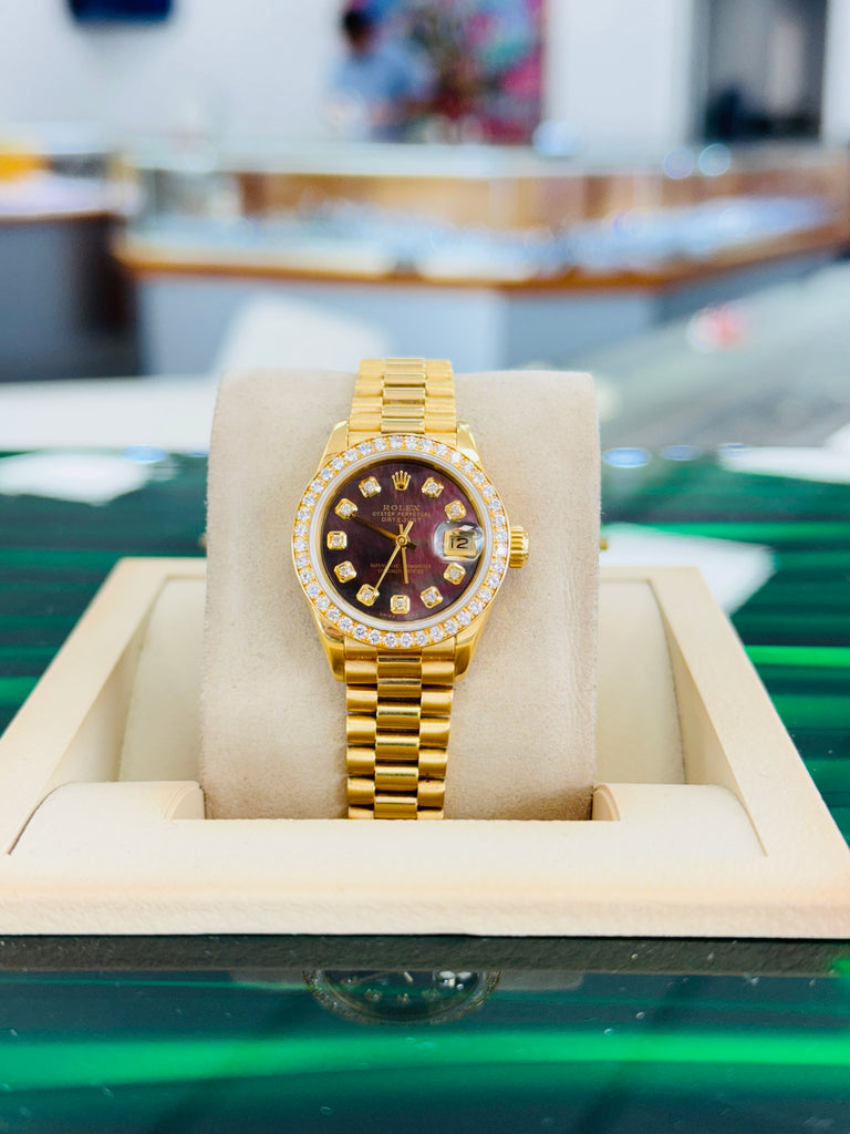 Rolex Lady-Datejust 69138 Women's President 26mm Yellow Gold Factory Diamond Bezel Custom Tahitian Diamond Mother Of Pearl Dial MINT - Diamonds East Intl.