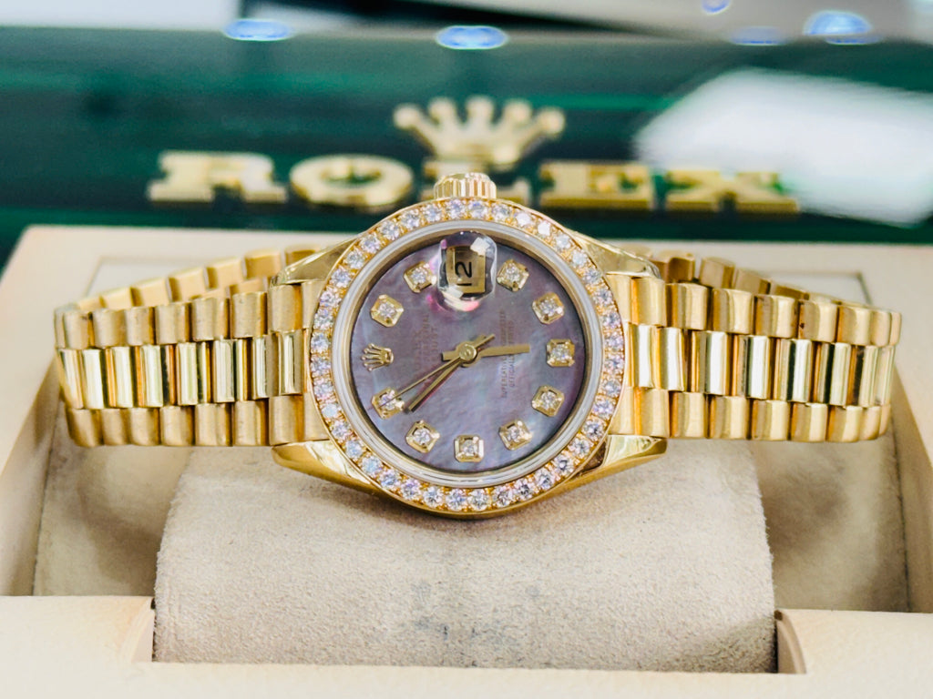 Rolex Lady-Datejust 69138 Women's President 26mm Yellow Gold Factory Diamond Bezel Custom Tahitian Diamond Mother Of Pearl Dial MINT - Diamonds East Intl.