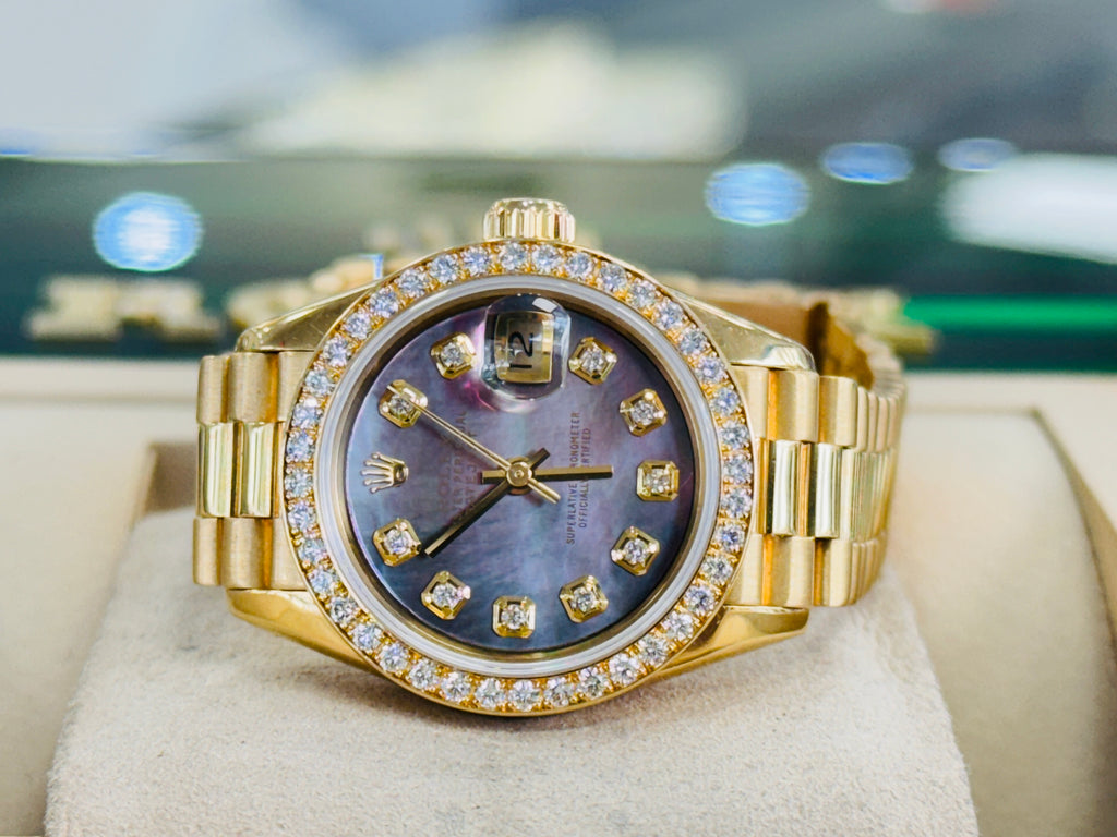 Rolex Lady-Datejust 69138 Women's President 26mm Yellow Gold Factory Diamond Bezel Custom Tahitian Diamond Mother Of Pearl Dial MINT - Diamonds East Intl.
