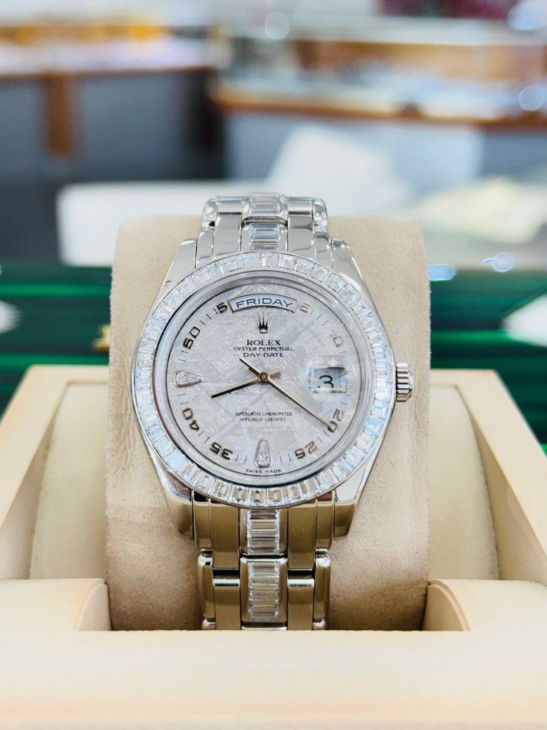 Rolex Day-Date 18956 39 Pearlmaster with Baguette bezel Factory Diamond Meteorite Dial and Factory Diamond Bracelet box and Papers MINT - Diamonds East Intl.