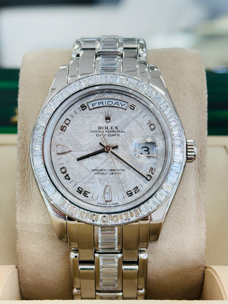 Rolex Day-Date 18956 39 Pearlmaster with Baguette bezel Factory Diamond Meteorite Dial and Factory Diamond Bracelet box and Papers MINT 