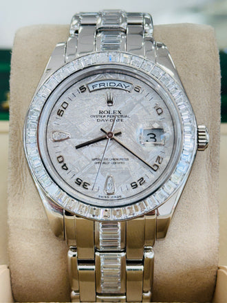 Rolex Day-Date 18956 39 Pearlmaster with Baguette bezel Factory Diamond Meteorite Dial and Factory Diamond Bracelet box and Papers MINT 