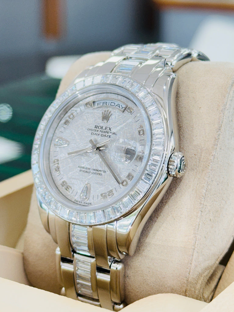 Rolex Day-Date 18956 39 Pearlmaster with Baguette bezel Factory Diamond Meteorite Dial and Factory Diamond Bracelet box and Papers MINT - Diamonds East Intl.