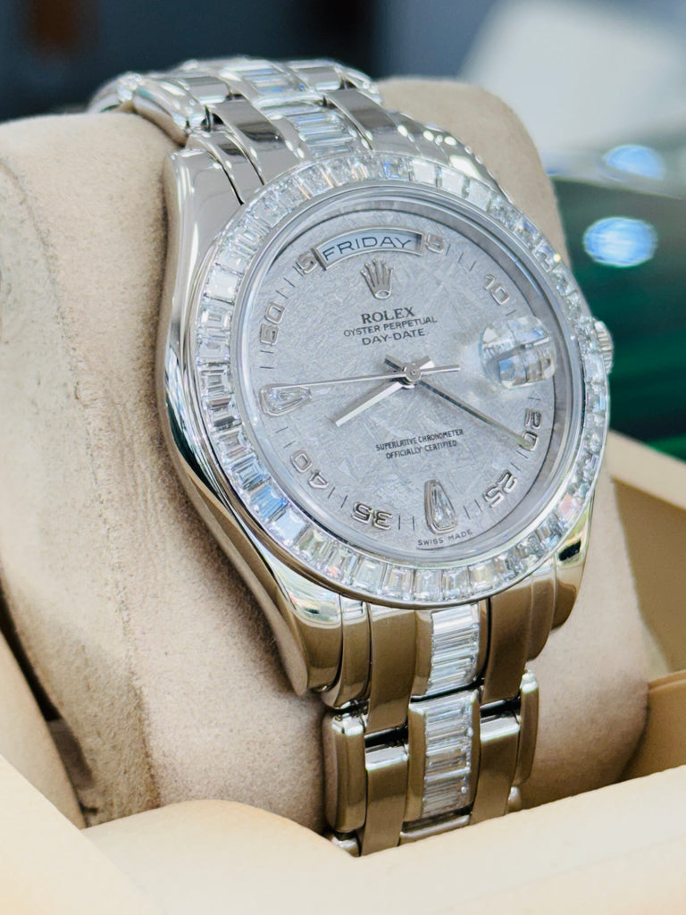 Rolex Day-Date 18956 39 Pearlmaster with Baguette bezel Factory Diamond Meteorite Dial and Factory Diamond Bracelet box and Papers MINT 