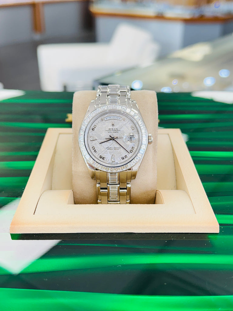 Rolex Day-Date 18956 39 Pearlmaster with Baguette bezel Factory Diamond Meteorite Dial and Factory Diamond Bracelet box and Papers MINT - Diamonds East Intl.