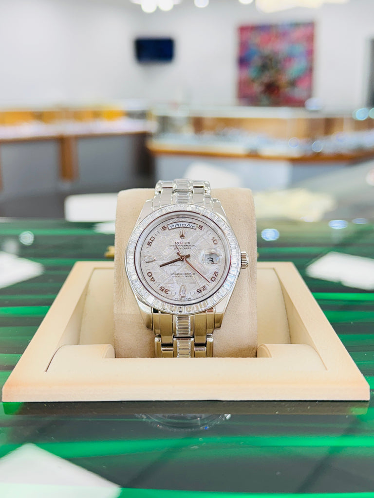 Rolex Day-Date 18956 39 Pearlmaster with Baguette bezel Factory Diamond Meteorite Dial and Factory Diamond Bracelet box and Papers MINT - Diamonds East Intl.