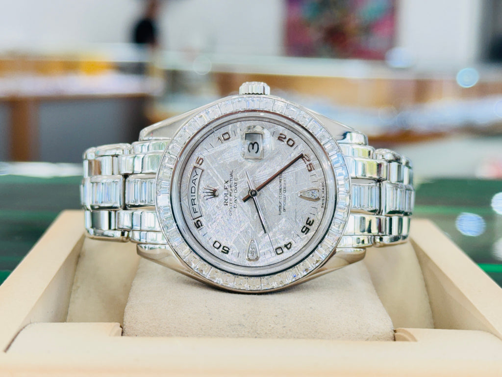 Rolex Day-Date 18956 39 Pearlmaster with Baguette bezel Factory Diamond Meteorite Dial and Factory Diamond Bracelet box and Papers MINT 