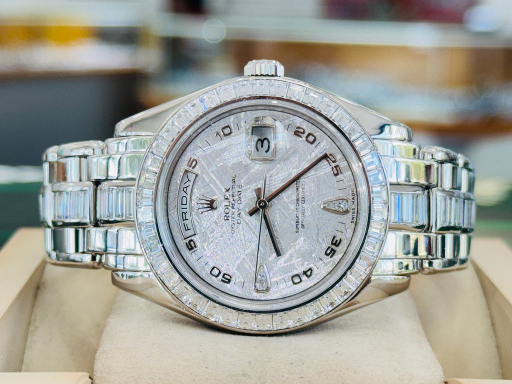 Rolex Day-Date 18956 39 Pearlmaster with Baguette bezel Factory Diamond Meteorite Dial and Factory Diamond Bracelet box and Papers MINT 
