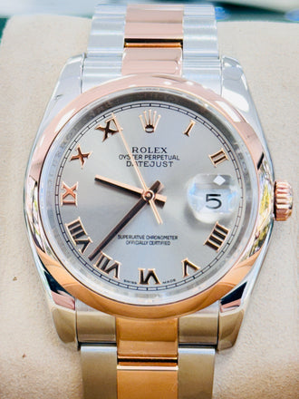 Rolex Datejust 116201 18k Rose Gold / SS Silver Roman Dial Men's Watch