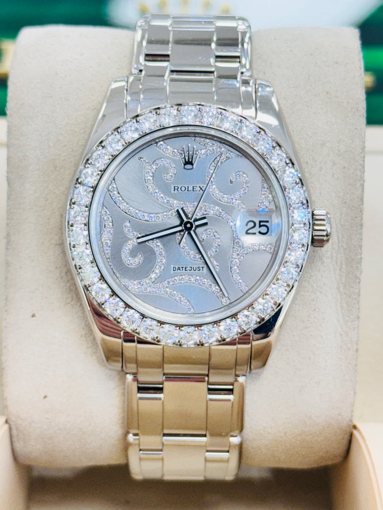 Rolex Datejust 31 Pearlmaster Midsize 81299  White Gold Diamond Pave Flamme Dial Box & Papers MINT