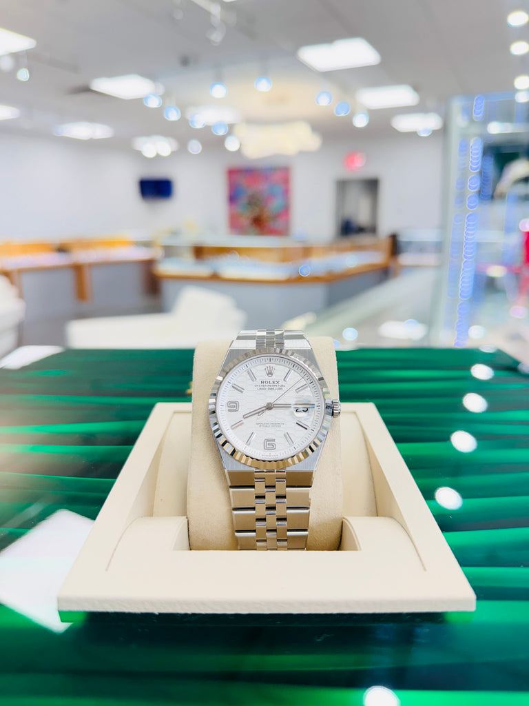 Rolex Land-Dweller 127334 40mm Stainless Steel White Gold Bezel White Honeycomb Dial Box and Papers Unworn