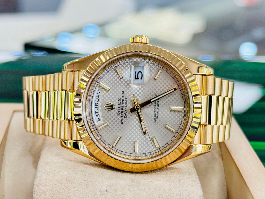 Rolex Day-Date 40 Yellow Gold Silver Motif Dial  228238  PreOwned - Diamonds East Intl.