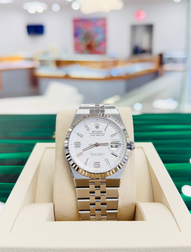 Rolex Land-Dweller 127334 40mm Stainless Steel White Gold Bezel White Honeycomb Dial Box and Papers Unworn