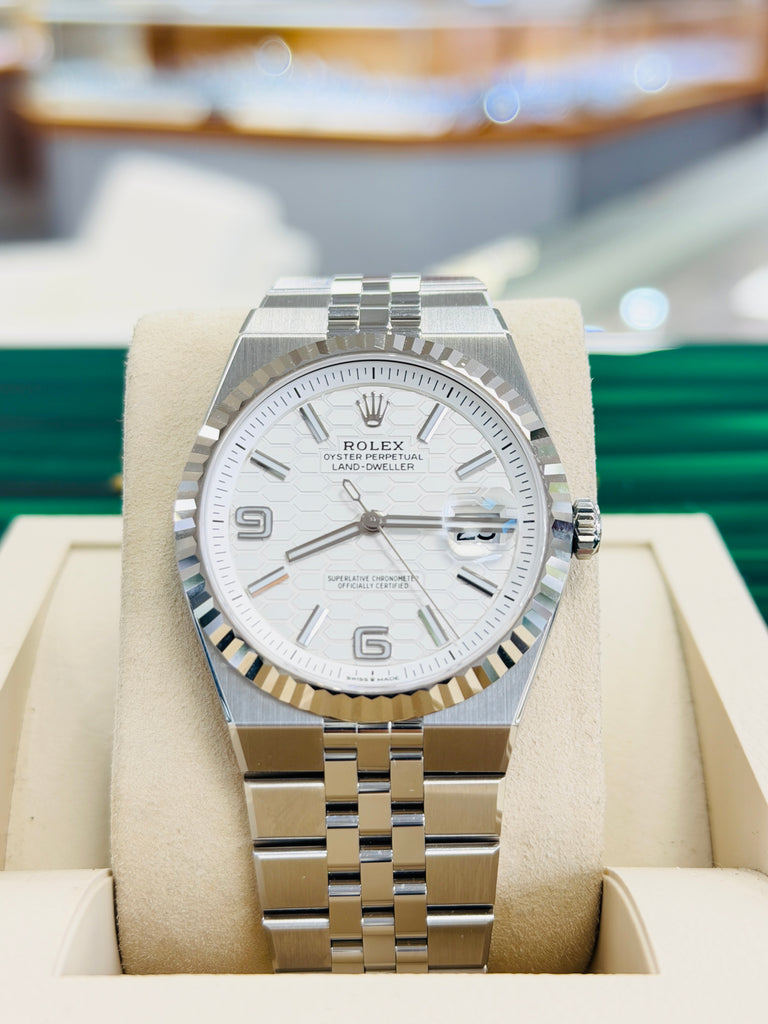 Rolex Land-Dweller 127334 40mm Stainless Steel White Gold Bezel White Honeycomb Dial Box and Papers Unworn
