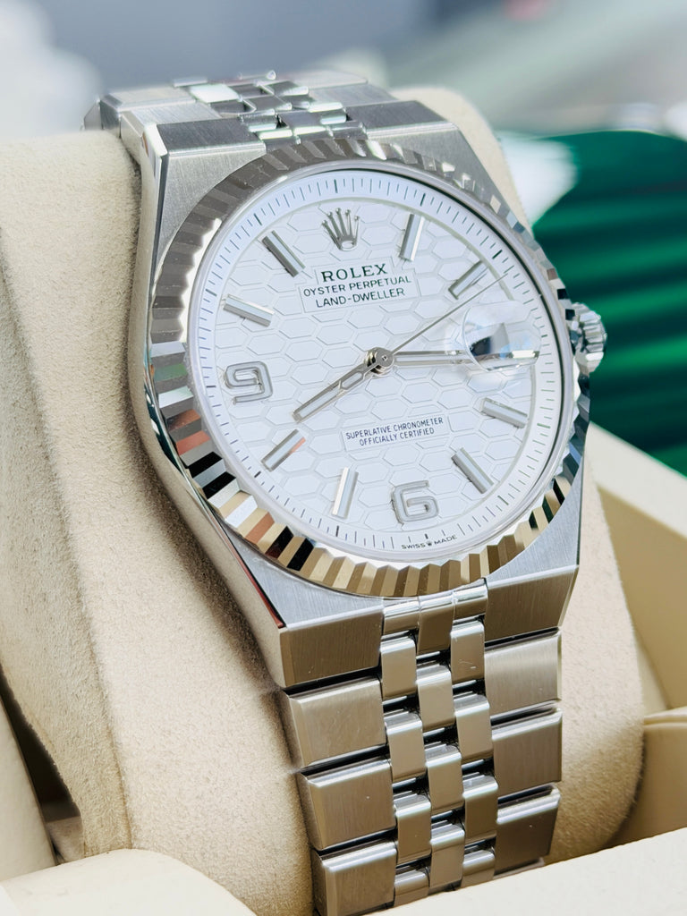Rolex Land-Dweller 127334 40mm Stainless Steel White Gold Bezel White Honeycomb Dial Box and Papers Unworn