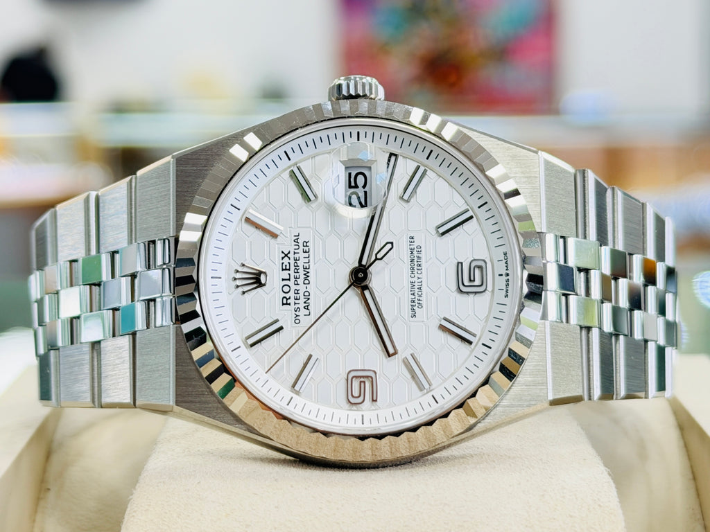 Rolex Land-Dweller 127334 40mm Stainless Steel White Gold Bezel White Honeycomb Dial Box and Papers Unworn