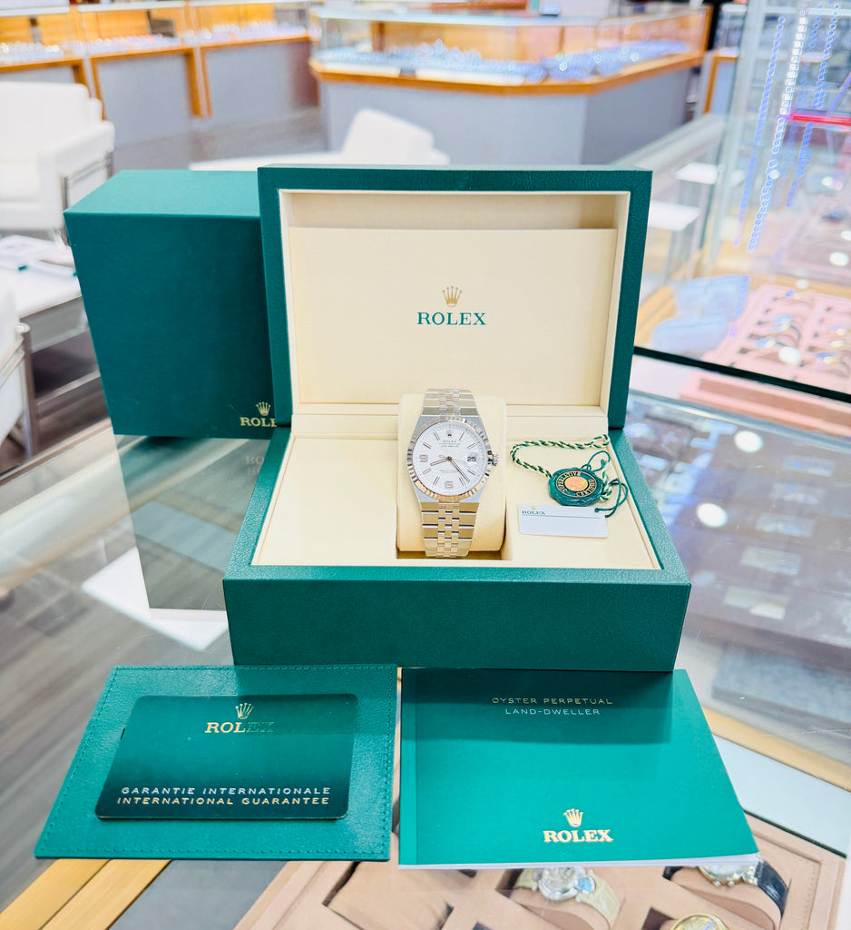 Rolex Land-Dweller 127334 40mm Stainless Steel White Gold Bezel White Honeycomb Dial Box and Papers Unworn