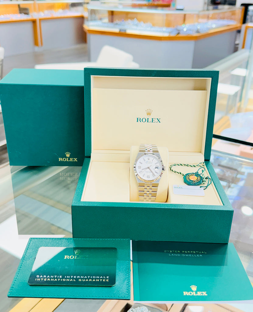 Rolex Land-Dweller 127334 40mm Stainless Steel White Gold Bezel White Honeycomb Dial Box and Papers Unworn