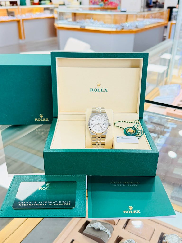 Rolex Land-Dweller 127334 40mm Stainless Steel White Gold Bezel White Honeycomb Dial Box and Papers Unworn