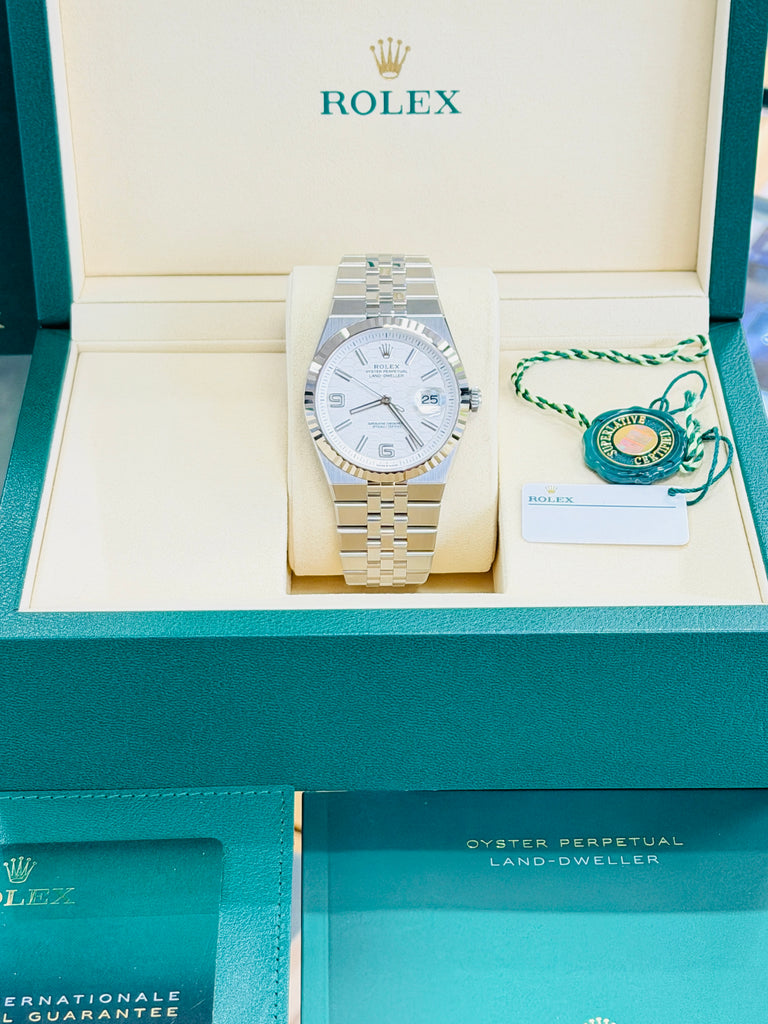 Rolex Land-Dweller 127334 40mm Stainless Steel White Gold Bezel White Honeycomb Dial Box and Papers Unworn