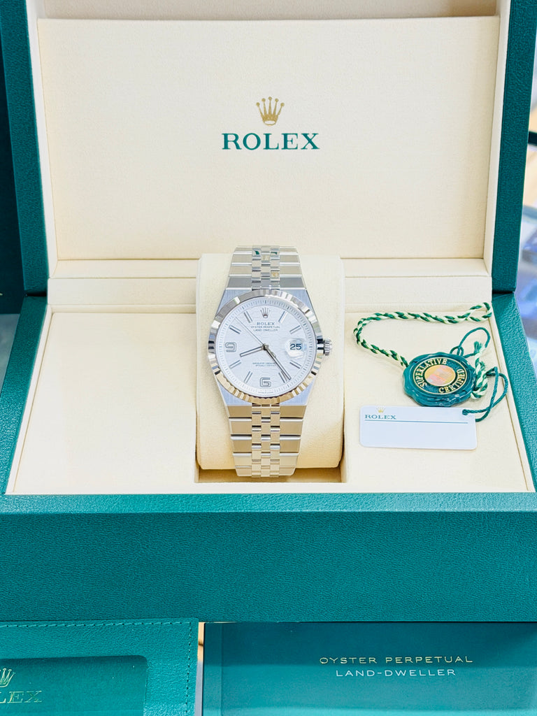 Rolex Land-Dweller 127334 40mm Stainless Steel White Gold Bezel White Honeycomb Dial Box and Papers Unworn