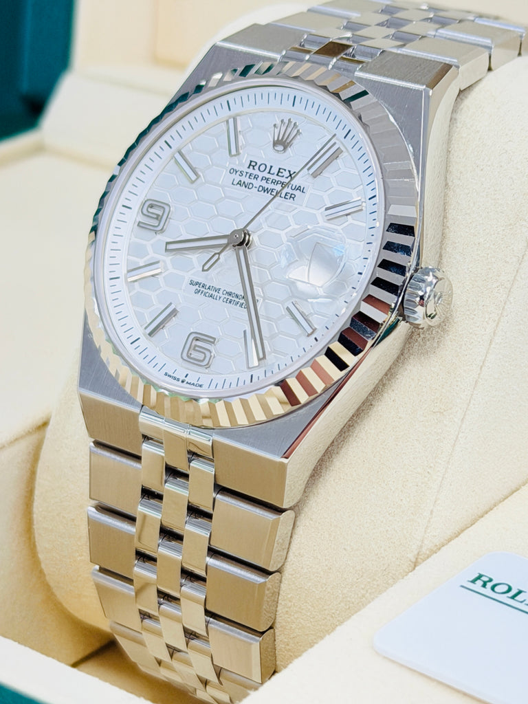 Rolex Land-Dweller 127334 40mm Stainless Steel White Gold Bezel White Honeycomb Dial Box and Papers Unworn