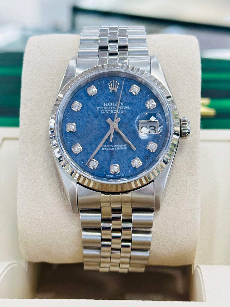 Rolex Datejust 16234 Factory LAPIS Jubilee Bracelet with Silver Bezel - Diamonds East Intl.