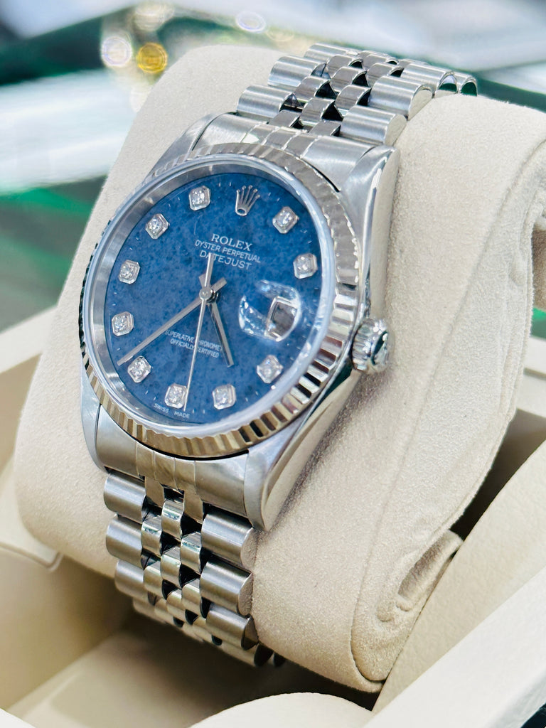 Rolex Datejust 16234 Factory LAPIS Jubilee Bracelet with Silver Bezel - Diamonds East Intl.