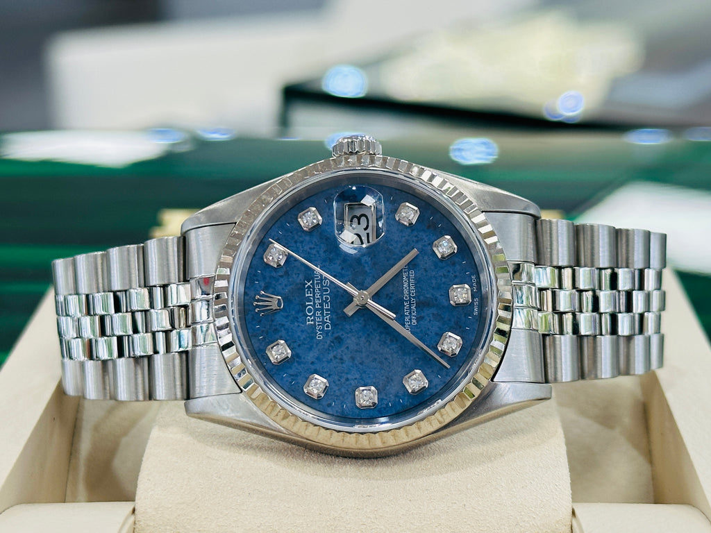 Rolex Datejust 16234 Factory LAPIS Jubilee Bracelet with Silver Bezel - Diamonds East Intl.