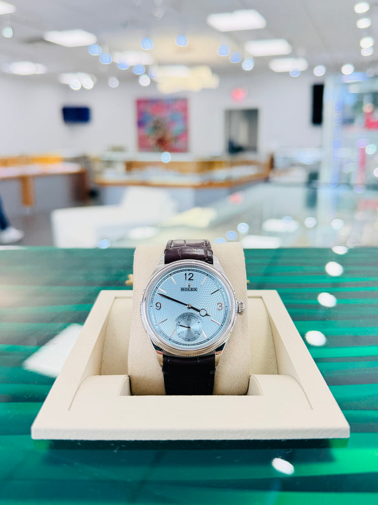 Rolex 1908 39 52506 Platinum Ice Blue Guilloché dial  Brown Leather Strap  Box and Papers Unworn - Diamonds East Intl.
