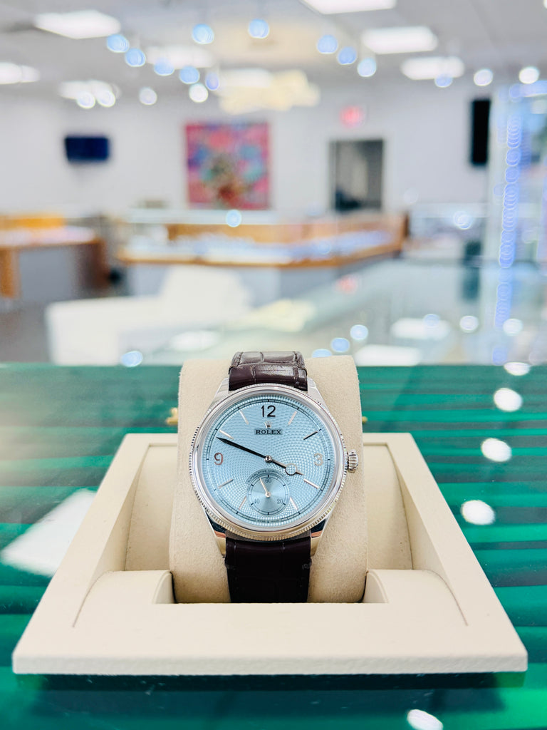 Rolex 1908 39 52506 Platinum Ice Blue Guilloché dial  Brown Leather Strap  Box and Papers Unworn - Diamonds East Intl.
