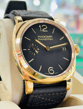 Panerai Radiomir 18k Rose Gold 1940 PAM00515 47mm Tobacco Brown Sandwich Dial Custom Rubber B Band MINT - Diamonds East Intl.
