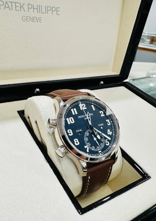 Patek Philippe Calatrava Travel Time 5524G White Gold Navy Blue Dial Box And Papers - Diamonds East Intl.