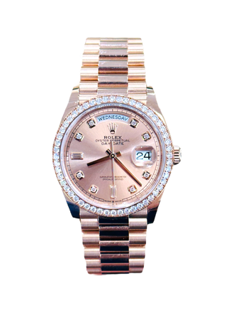 Rolex Day-Date 36 Everose 128345RBR President Factory Diamond Bezel and Factory Diamond Dial Box & Papers - Diamonds East Intl.
