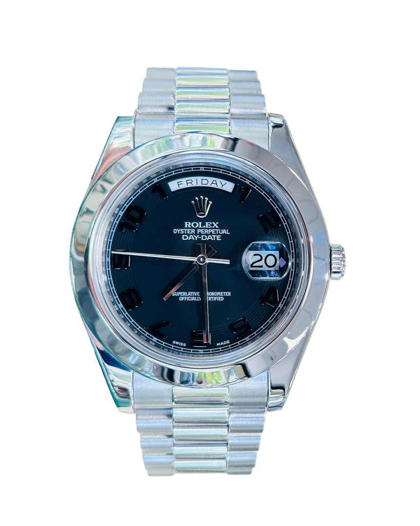 Rolex President Day-Date II 41mm Platinum Black Arabic Concentric Dial 218206 MINT Box and Papers - Diamonds East Intl.