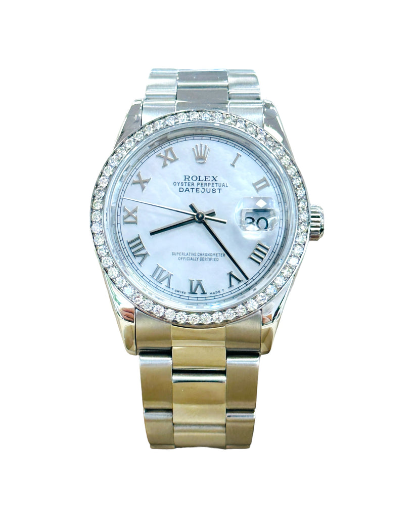 Rolex Datejust 36 16220 Custom 1.67ct Diamond Bezel with a Custom Roman Mother of Pearl Dial Oyster Bracelet  PreOwned - Diamonds East Intl.