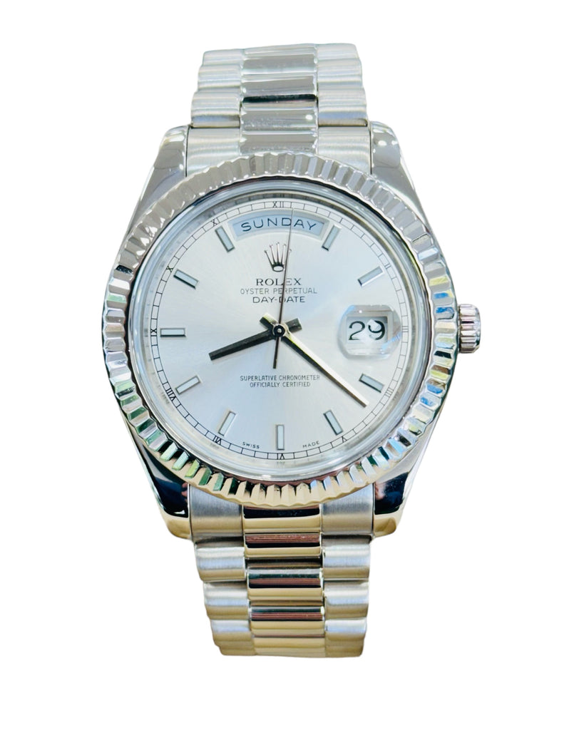 Rolex Day-Date II 218239 41 Fluted Bezel Silver Dial Presidential Band Discontinued PreOwned - Diamonds East Intl.