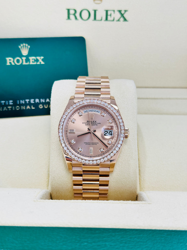 Rolex Day-Date 36 Everose 128345RBR President Factory Diamond Bezel and Factory Diamond Dial Box & Papers - Diamonds East Intl.