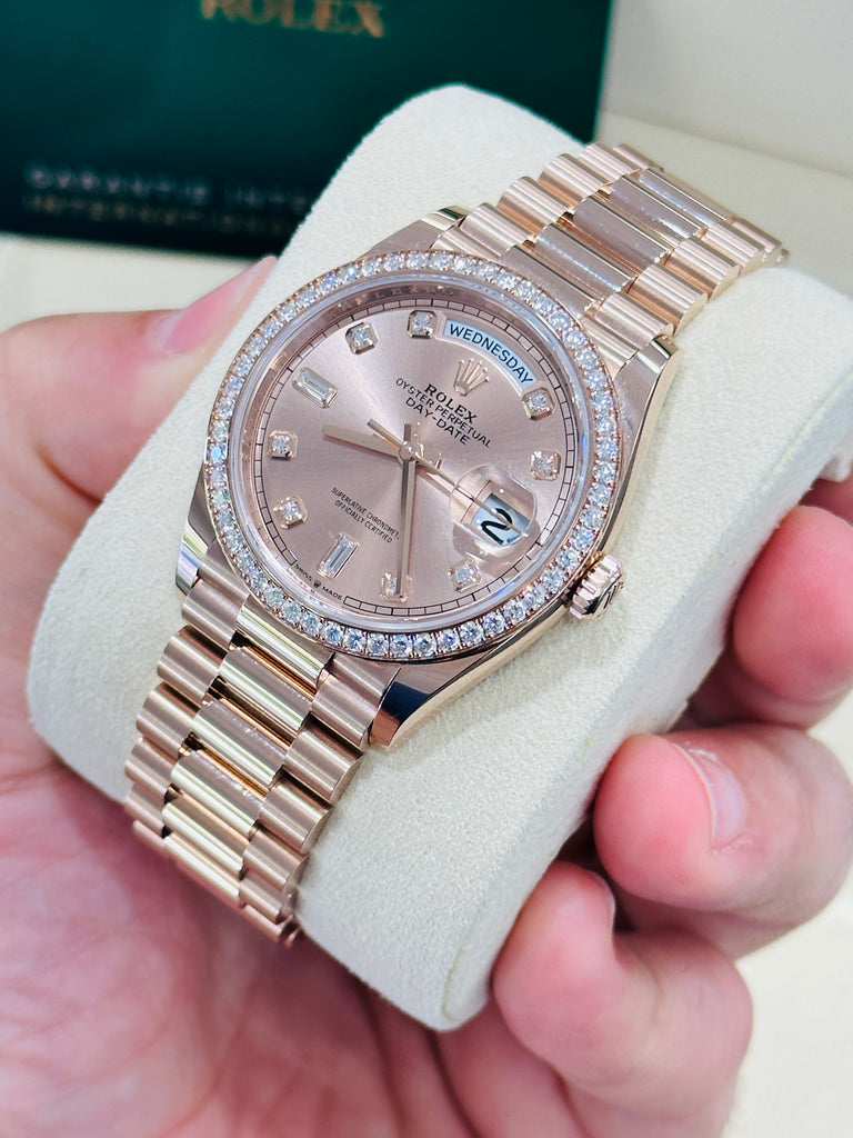 Rolex Day-Date 36 Everose 128345RBR President Factory Diamond Bezel and Factory Diamond Dial Box & Papers - Diamonds East Intl.
