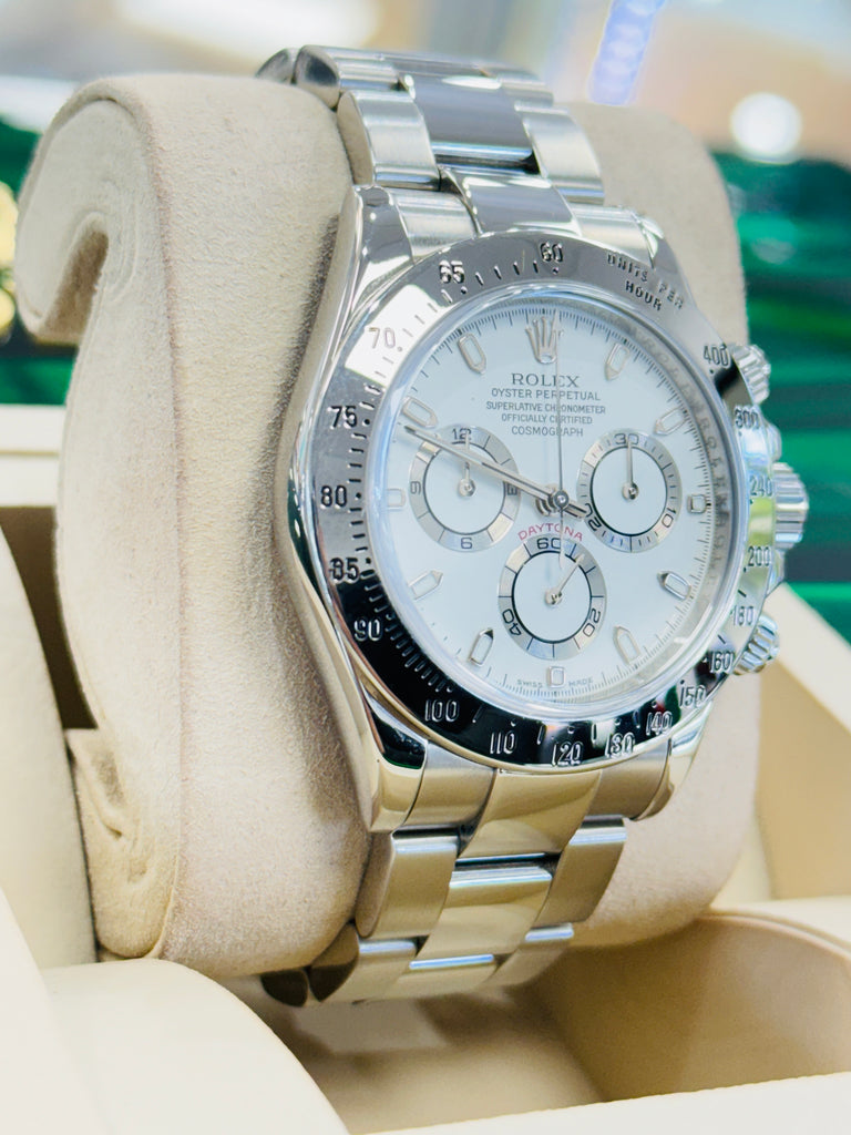 Rolex Daytona 116520  White Dial Chronograph preowned Box and Papers - Diamonds East Intl.