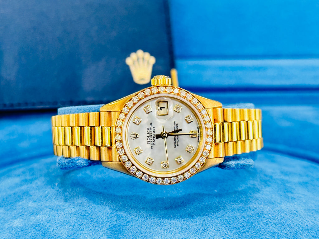 Rolex Lady President Datejust 79138 18k Yellow Gold Factory Mother of Pearl And Diamond Bezel COMPLETE Box/Papers MINT - Diamonds East Intl.