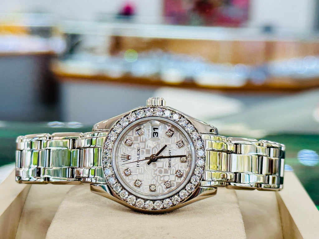 Rolex Lady-Datejust Pearlmaster 80299 Factory Diamond jubilee Dial and Factory Diamond Bezel PreOwned Box and Papers - Diamonds East Intl.