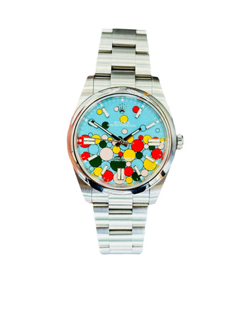 Rolex Oyster Perpetual 124300 41 AFTERMARKET Turquoise blue Celebration Motif Dial B/P PreOwned - Diamonds East Intl.