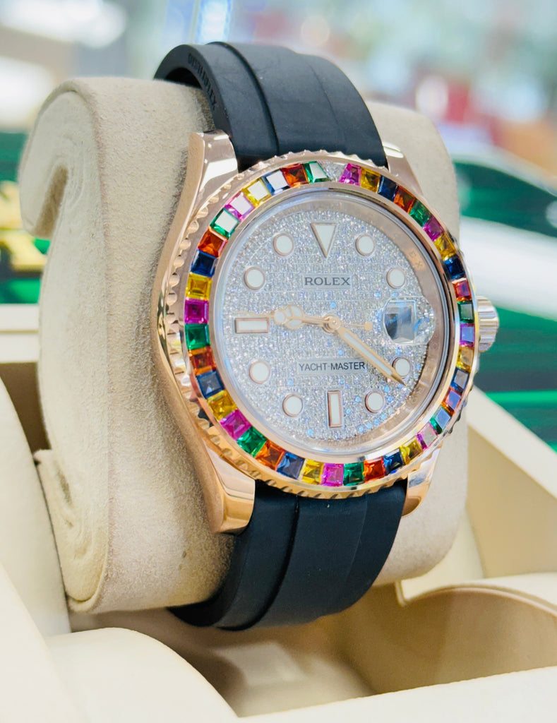 Rolex Yacht-Master 18K Rose Gold 40mm 126655 Custom Made Rainbow Bezel and Custom Pave Diamond Dial MINT Box and Papers