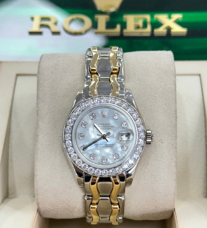 Rolex Lady-Datejust Pearlmaster 80299 Factory Diamond MOP Diamond Bezel Factory white gold and yellow gold Bracelet   Box and Papers Preowned