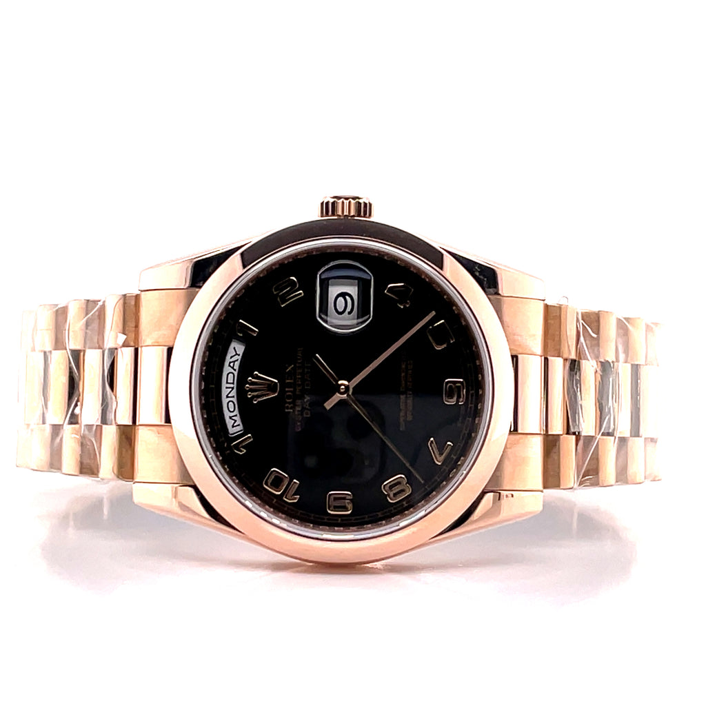 Rolex Day-Date 36mm Rose Gold 118205 Black and Rose Arabic Dial Unworn Box and Papers - Diamonds East Intl.