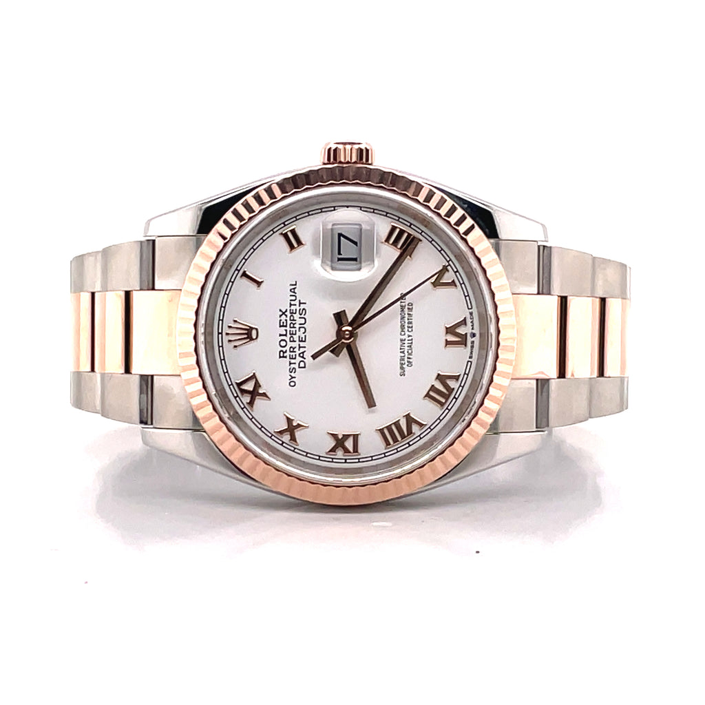 Rolex Datejust 36 mm Stainless Steel and Rose Gold 126231 White Roman Oyster Box and Papers - Diamonds East Intl.