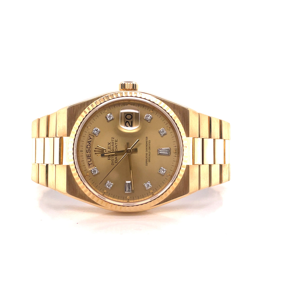Rolex Day-Date Oysterquartz 19018 Factory Diamond Baguette Dial Box and Papers - Diamonds East Intl.