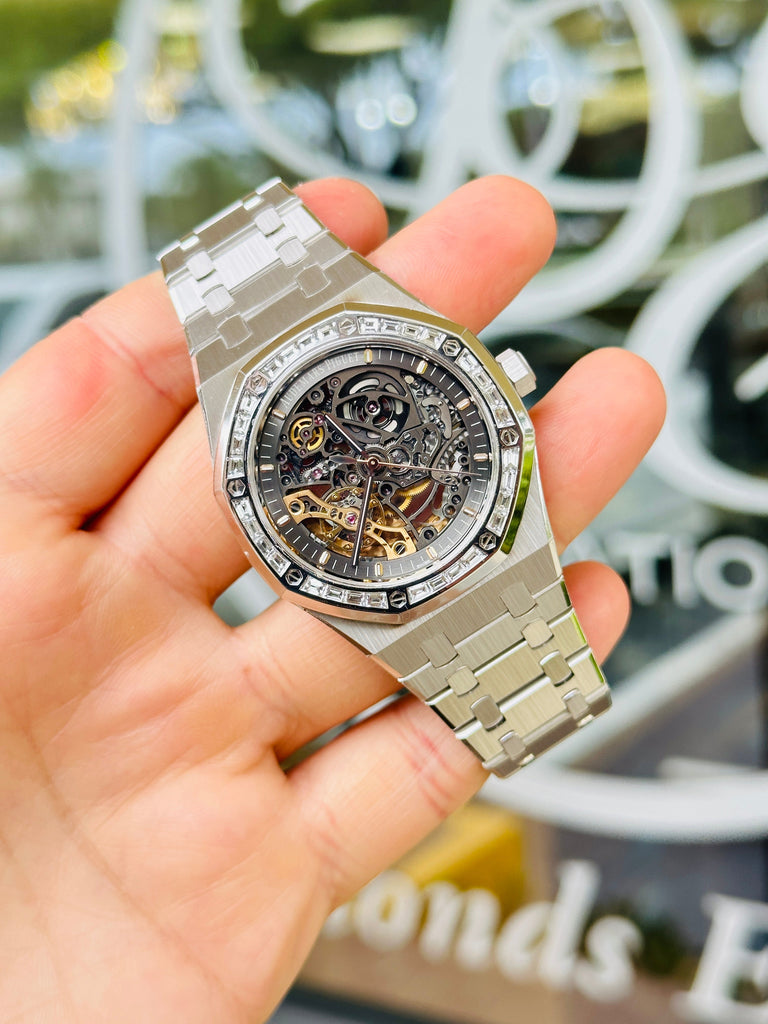 Audemars Piguet Royal Oak Double Balance Wheel Openwork White Gold Skeleton Factory Baguette Diamond Bezel 15412BC.ZZ.1220BC.01 - Diamonds East Intl.