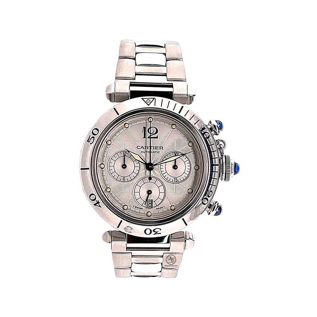 Pre-Owned Cartier Pasha Chronograph W31030H3 Stainless Steel - Diamonds East Intl.